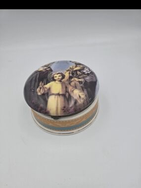 Religious Decorative Trinket Box with Angel Motif - Cream and Blue